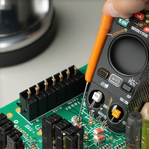 A technician using a professional multimeter to test the electrical continuity of a relay on an oven control board.