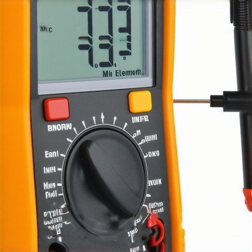 Digital multimeter measuring resistance of an oven heating element for diagnostic purposes.