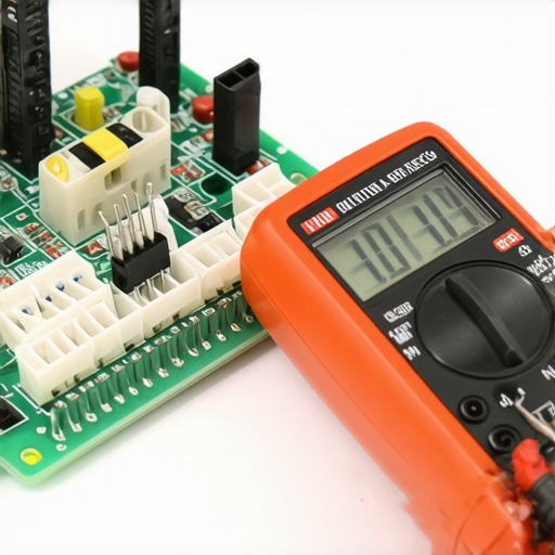 A hand using a digital multimeter to check electrical continuity on a dishwasher control board.