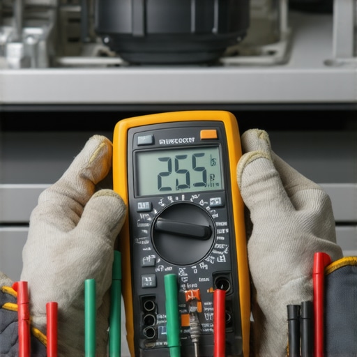 A technician using a professional multimeter to test the resistance of a dishwasher circulation pump motor.