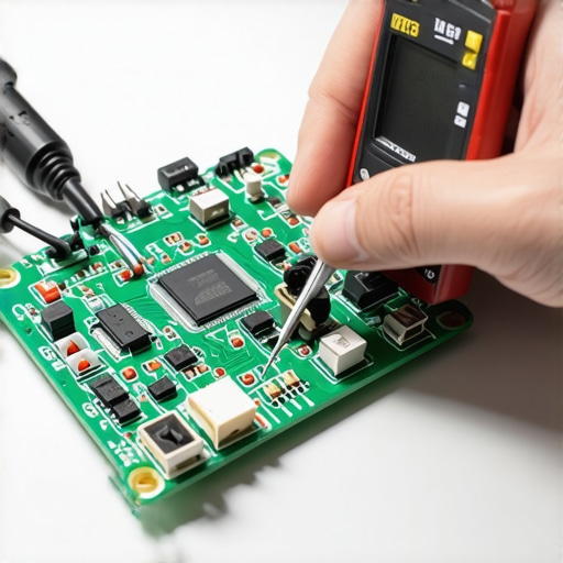 Professional Multimeter Testing of a Control Board A technician diagnosing an electronic control board using a multimeter to check for faulty circuits.