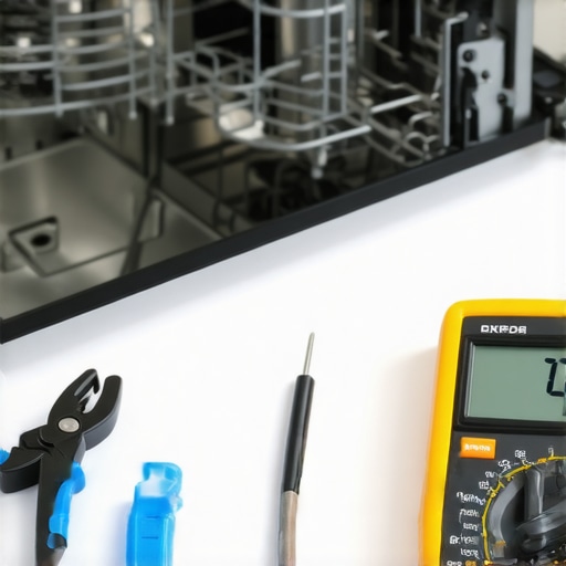 A Fluke multimeter being used for dishwasher repair diagnostics on a kitchen counter.