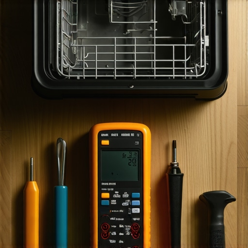 Professional Tools for Home Appliance Diagnostics A digital multimeter and Torx bit set being used to diagnose a dishwasher fault.