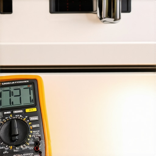 A digital multimeter and flashlight being used to inspect a dishwasher pump and motor assembly.