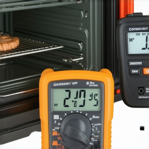 Professional Tools for Oven Diagnostics A digital multimeter and infrared thermometer being used to troubleshoot an overheating oven door.