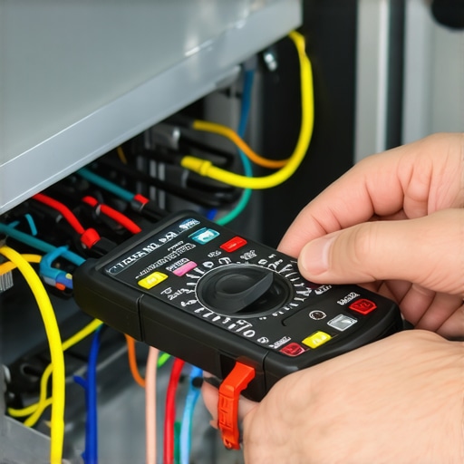 A technician using a digital multimeter to test a circuit board for electrical resistance and ghost voltage.