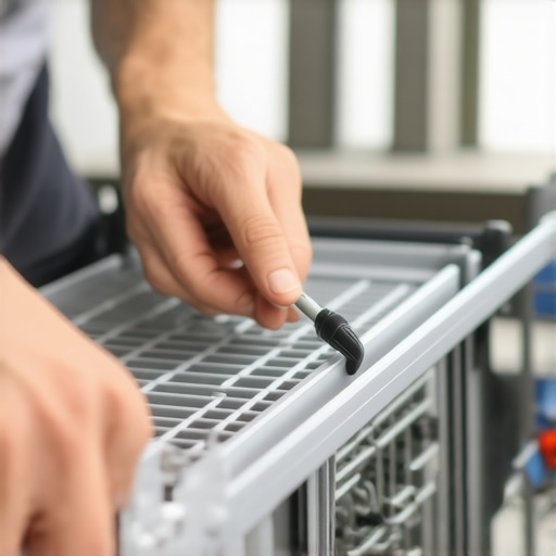 Hands using a screwdriver to remove a plastic stopper from a dishwasher rack rail for repair.