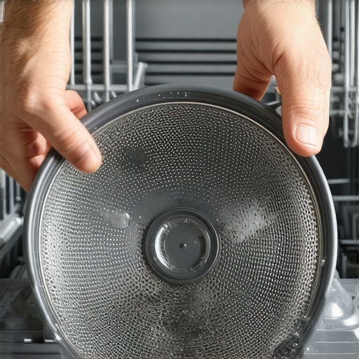 A hand removing a dirty mesh filter from the bottom of a dishwasher for cleaning.