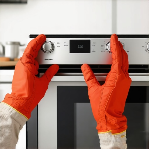 Step-by-step process of removing a stainless steel oven door by engaging the hinge locks and lifting at an angle.