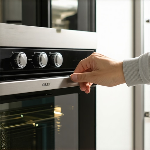 A step-by-step visual of how to lift an oven door off its chassis by locking the hinge tabs.