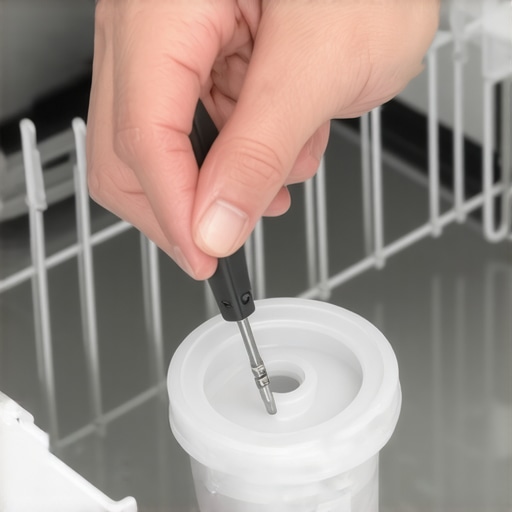 Hands using a screwdriver to open the dishwasher sump housing for cleaning