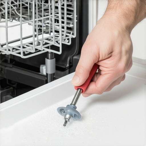 Close up of a broken plastic dishwasher part during a DIY repair showing the mounting screws