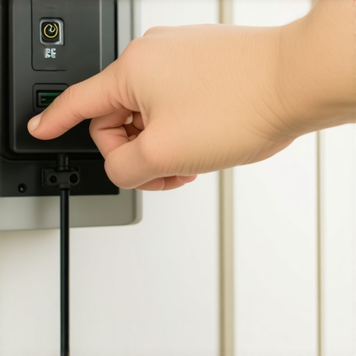 Close-up view of a hand resetting a kitchen GFCI outlet to restore power to a dishwasher.