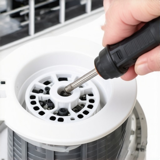 A person using a magnetic screwdriver to safely remove a dishwasher sump filter cover.