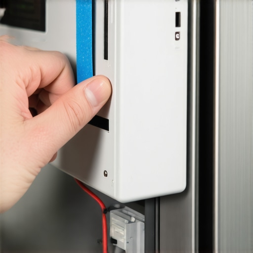 Technician using blue tape to keep oven light wires from falling behind the panel.