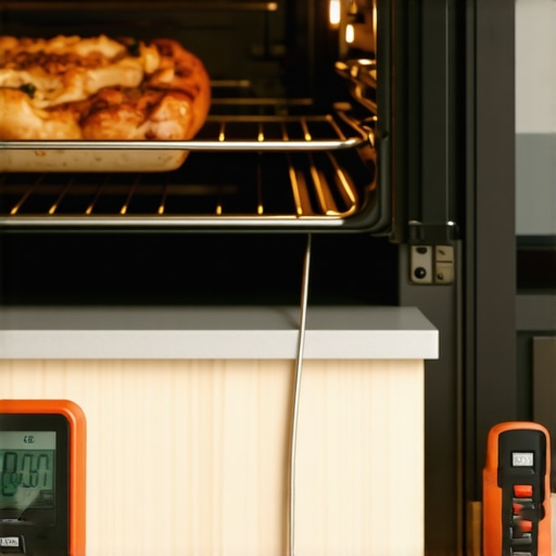 A digital probe thermometer monitoring oven temperature during a calibration test