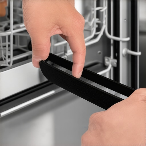 Close-up of a DIY repairer installing a new rubber door seal on a dishwasher