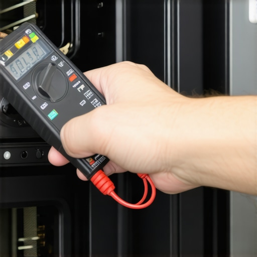 A technician using a multimeter to test an oven element for resistance.