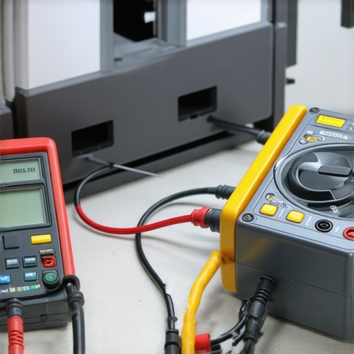 A technician using a digital multimeter to test the resistance of an oven heating element terminal.