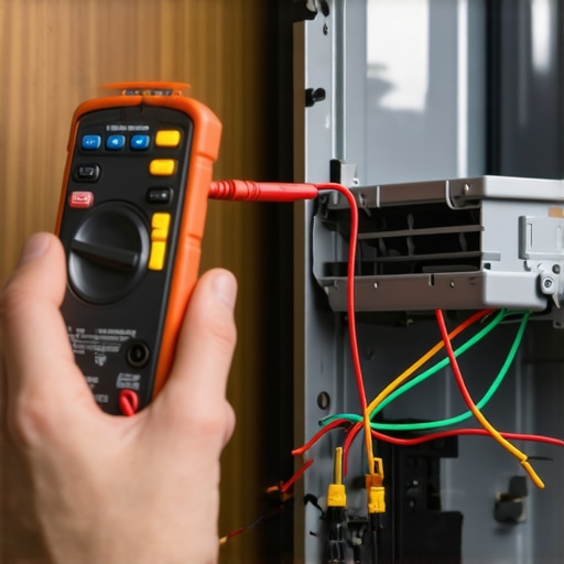 A technician using a multimeter to check the resistance of a dishwasher heating element for DIY diagnostics.