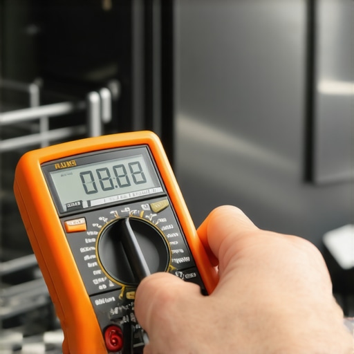 A technician using a digital multimeter to diagnose dishwasher motor faults.