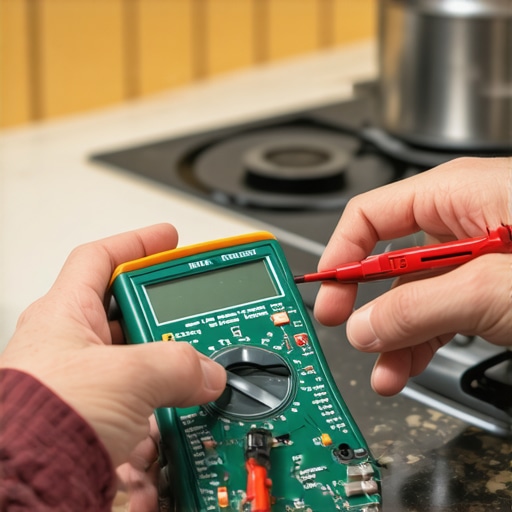 Technician performing advanced oven diagnostics on a control board using a multimeter.