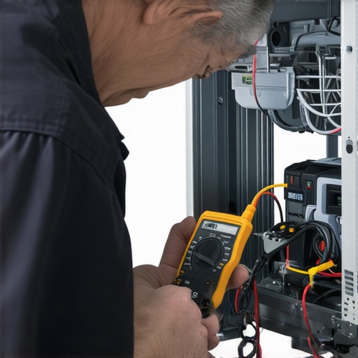 Close-up of a multimeter being used for dishwasher pump diagnostics.