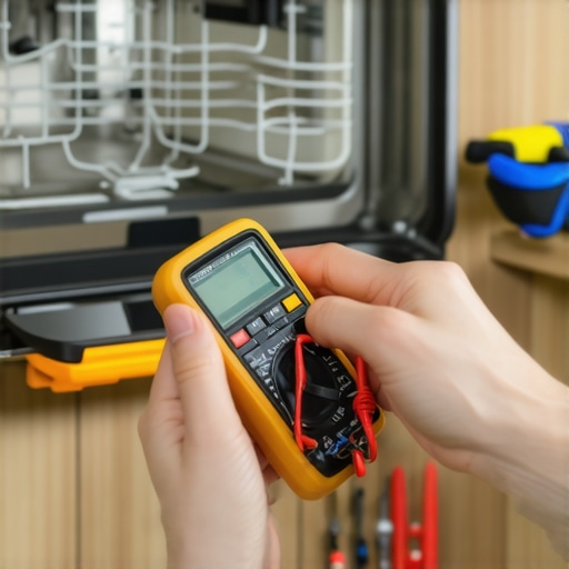 A DIY enthusiast testing internal dishwasher electrical parts for continuity using a digital multimeter.