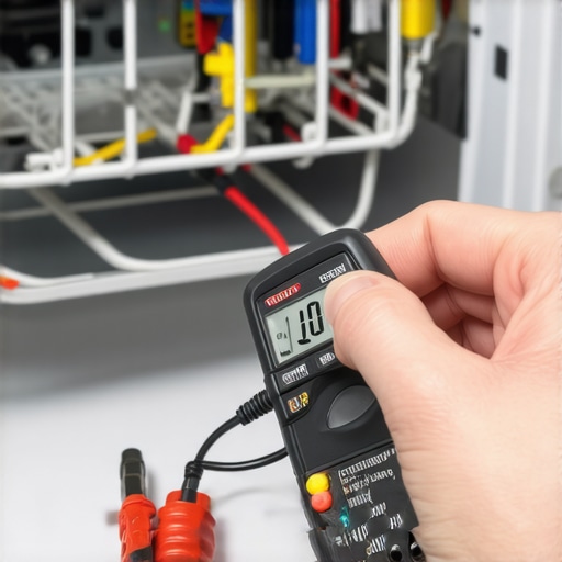 Close-up of a person using a multimeter to test dishwasher electrical parts for continuity.