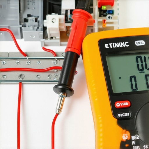 Digital multimeter measuring resistance on a dishwasher heating element for diagnostics.