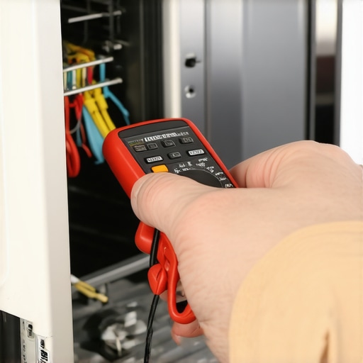 Testing Dishwasher Float Switch with Multimeter A technician performing an electrical test on a dishwasher water level float switch to diagnose a filling issue.