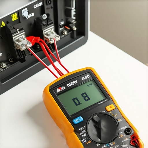 A technician using a multimeter to test a dishwasher float switch for electrical continuity during a diagnostic repair.