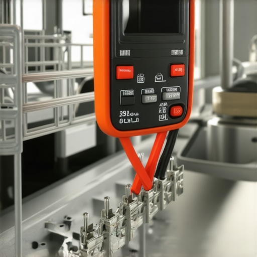 A technician using a multimeter to check the resistance and continuity of a dishwasher heating element to fix a slow cycle.