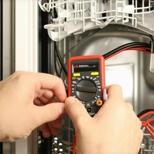 Close up of a multimeter testing dishwasher heating element terminals for continuity and shorts to ground.