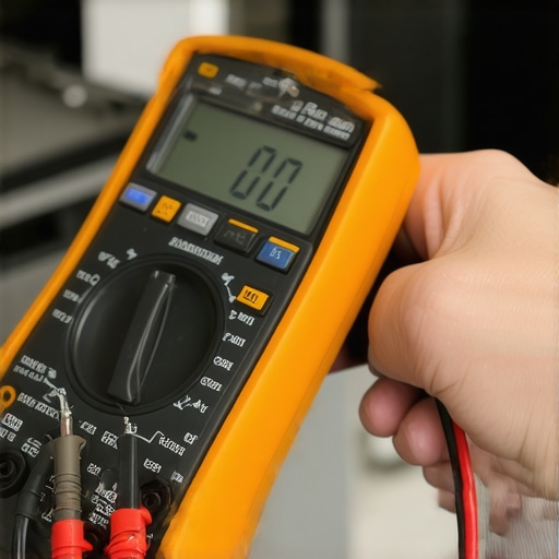 A technician using a multimeter to check the ohms on a dishwasher heating element.