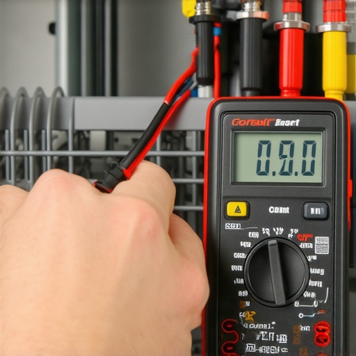 Hand using a digital multimeter to check the resistance of a dishwasher heating element for DIY diagnostics.