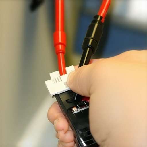 A technician using a digital multimeter to test the electrical continuity of a new dishwasher door latch assembly.