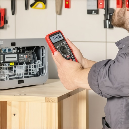 Close-up of a multimeter testing a dishwasher door latch for electrical continuity.