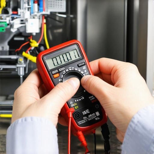 A technician using a multimeter on a dishwasher motor for diagnostics.