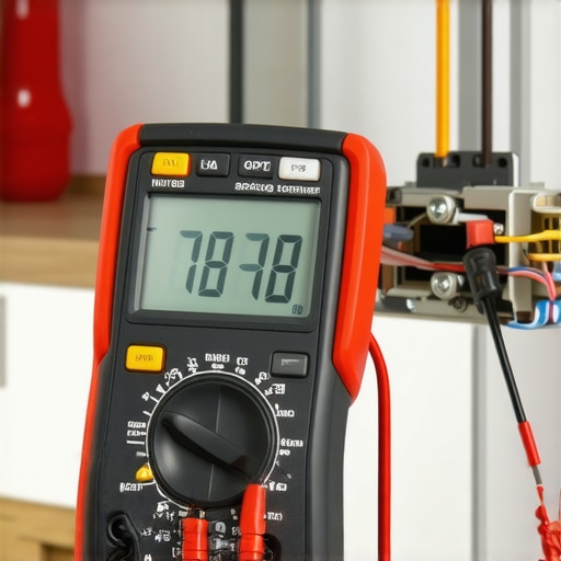 A digital multimeter being used to test a dishwasher heating element for continuity.