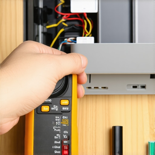 A digital multimeter measuring resistance on a dishwasher dispenser solenoid.