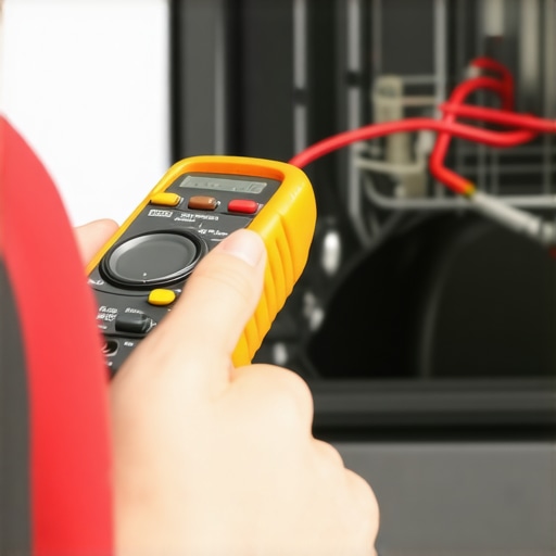 Hands using a multimeter to check a dishwasher thermal fuse for continuity after a power surge.