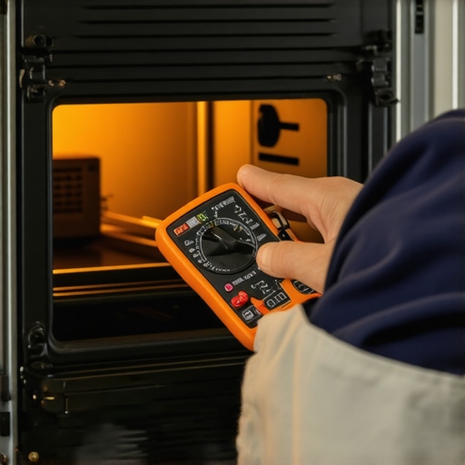 Close up of multimeter probes testing a glowing oven igniter