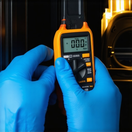 Hands using a multimeter to test the amperage of a glowing gas oven igniter to diagnose heating issues.