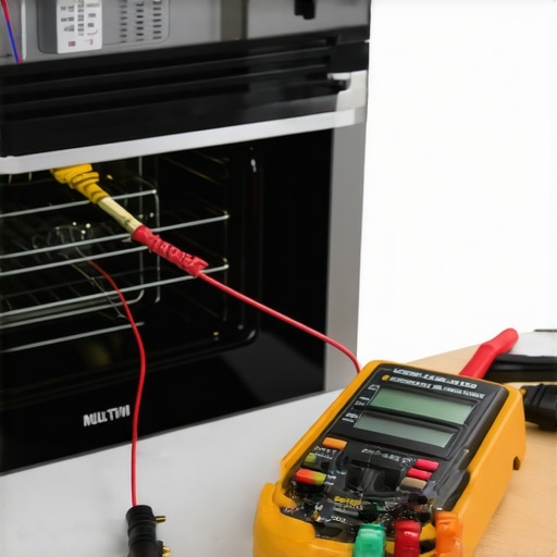 Close-up of a multimeter being used to diagnose an oven hum by checking electrical resistance.