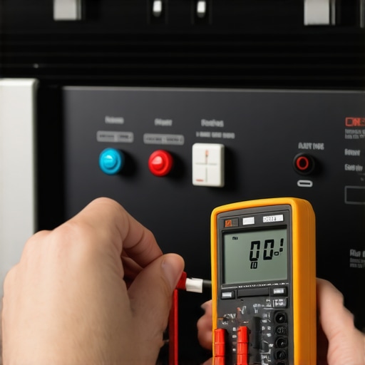 A technician using a multimeter to diagnose a faulty relay on an oven control board.