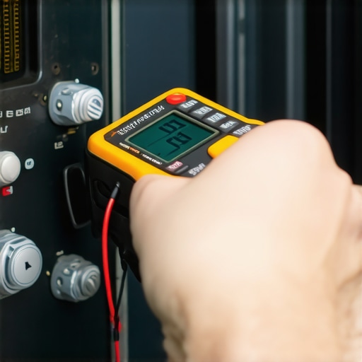 A digital multimeter being used to check the continuity of an oven bake element terminal for diagnostic purposes.