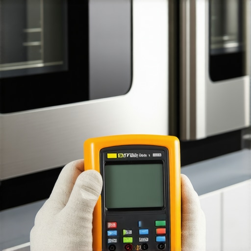 A digital multimeter testing an oven heating element for continuity and resistance.