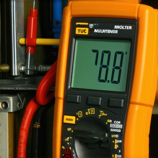 A close-up of a digital multimeter checking the resistance of a ceramic oven bake element for diagnostics.