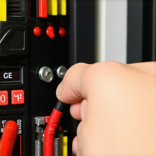 Digital multimeter measuring resistance on a gas oven safety valve terminal.
